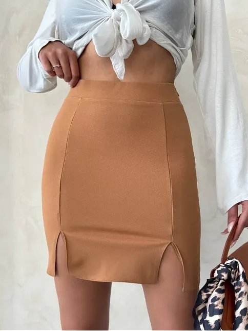 Çift Yırtmaçlı Etek Camel S25910