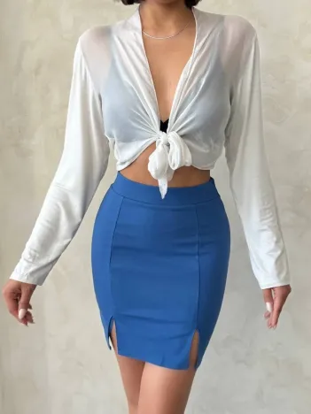 Çift Yırtmaçlı Etek İndigo S25910