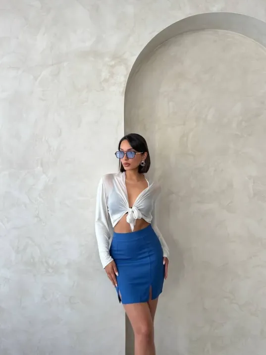 Çift Yırtmaçlı Etek İndigo S25910