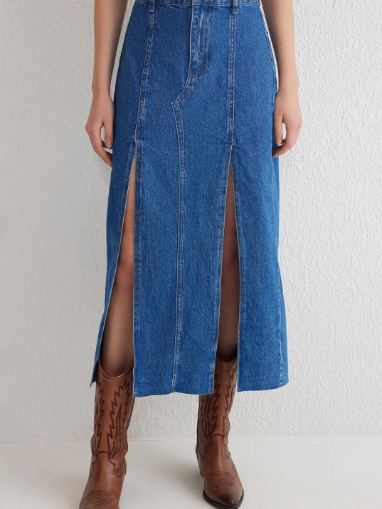 Çift yırtmaçlı jean etek s140