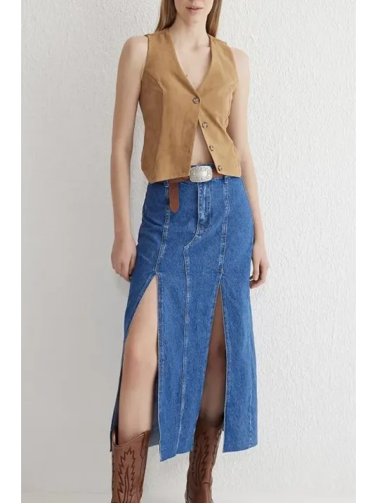 Çift Yırtmaçlı Jean Etek S140