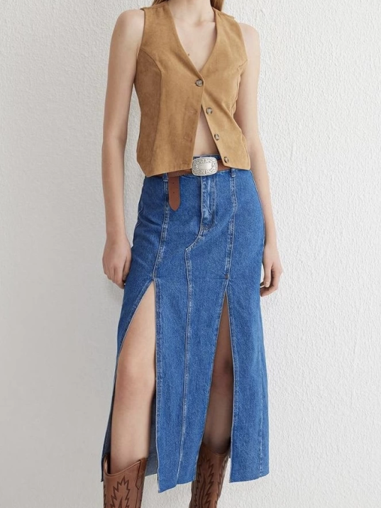 Çift yırtmaçlı jean etek s140