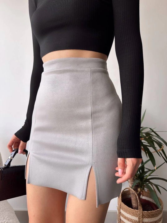 Çift yurtmaçlı süet etek gri s241002 Çift yurtmaçlı süet etek gri s241002