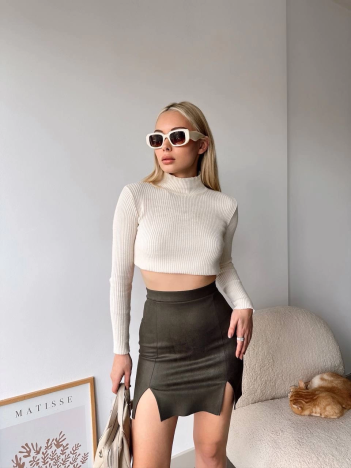 Çift yurtmaçlı süet etek haki s241002 Çift yurtmaçlı süet etek haki s241002