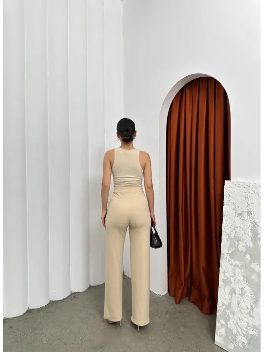 Cırtlı Pantolon Krep Bej Pt