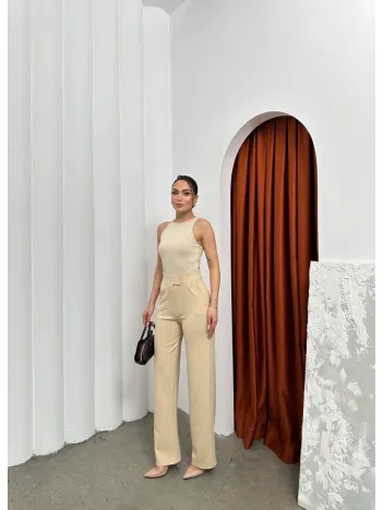 Cırtlı Pantolon Krep Bej Pt