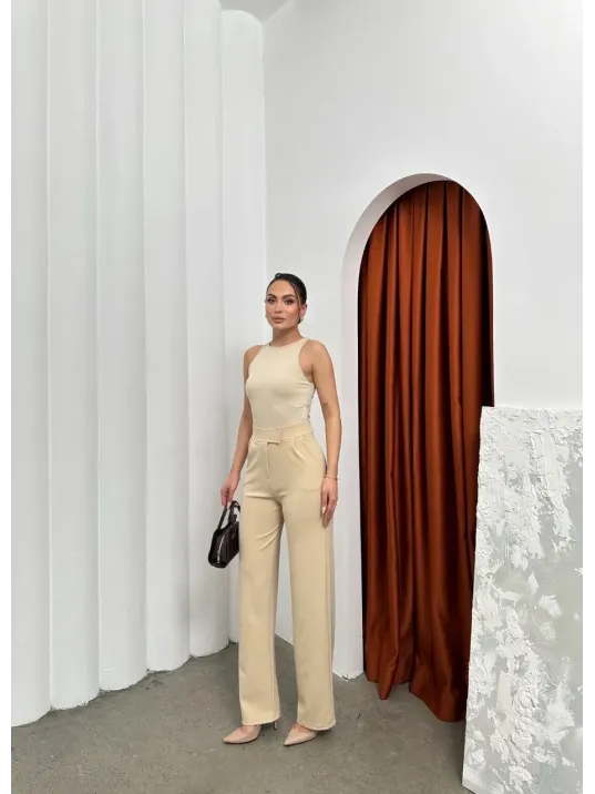 Cırtlı Pantolon Krep Bej Pt