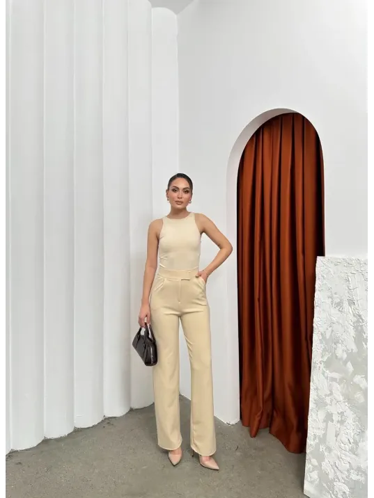 Cırtlı Pantolon Krep Bej Pt