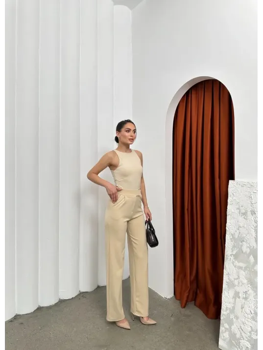 Cırtlı Pantolon Krep Bej Pt