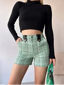 Çıtçıtlı Siyah Köprü Tüvit Şort Yeşil