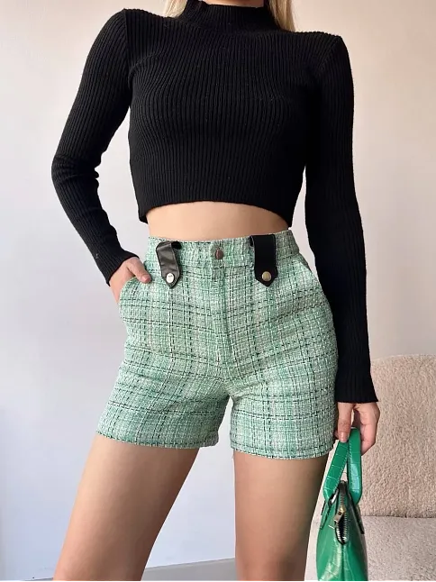Çıtçıtlı Siyah Köprü Tüvit Şort Yeşil