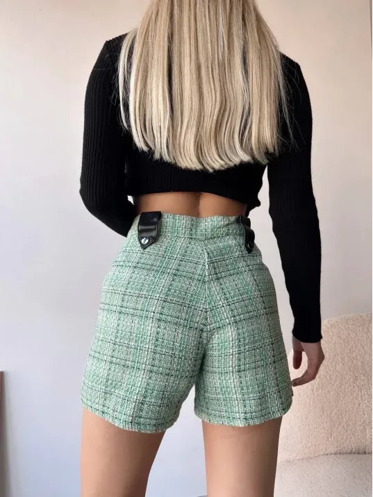 Çıtçıtlı Siyah Köprü Tüvit Şort Yeşil