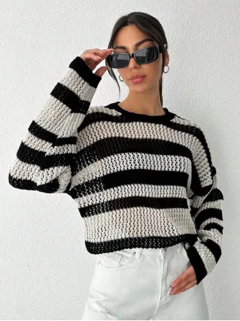 Çizgili Bisiklet Yaka Triko Kazak Beyazsiyah Çizgili Bisiklet Yaka Triko Kazak Beyazsiyah