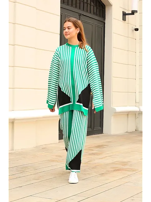 Çizgili Bisiklet Yaka Triko Takım Yeşil