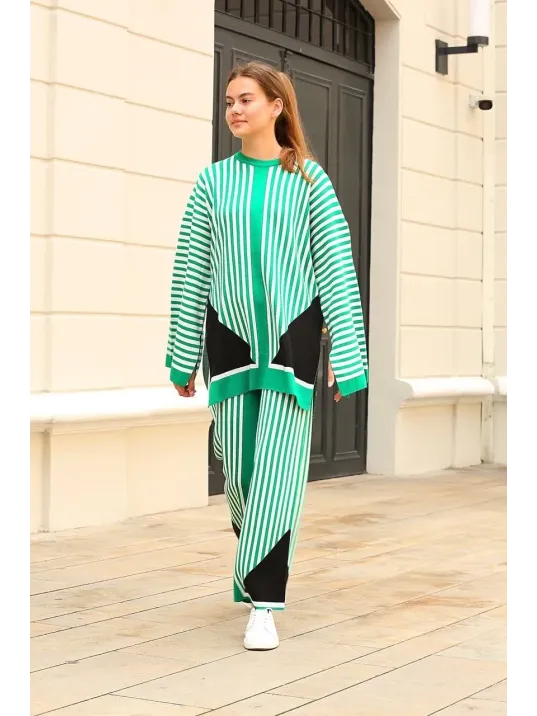 Çizgili Bisiklet Yaka Triko Takım Yeşil