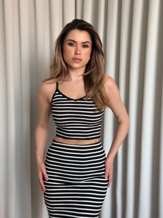 Çizgili etek crop takım