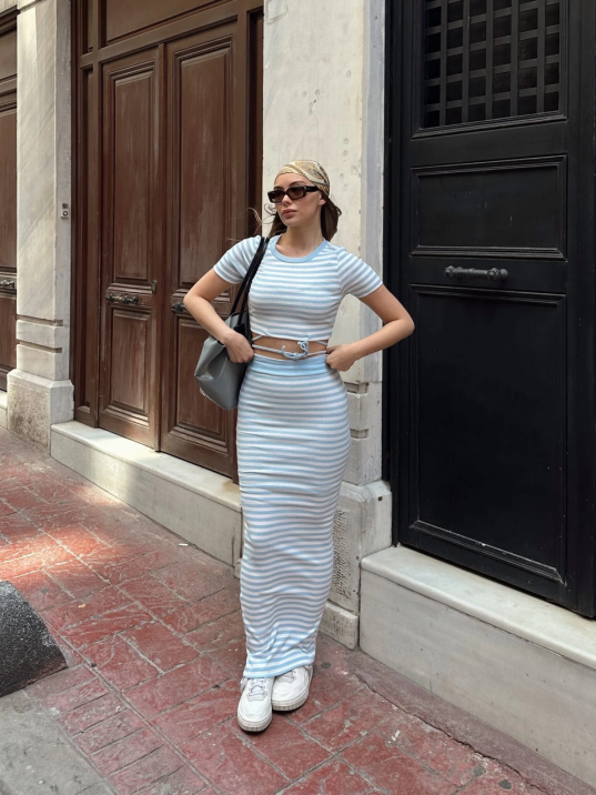 Çizgili Etekli Takım Mavi S3609 Çizgili Etekli Takım Mavi S3609