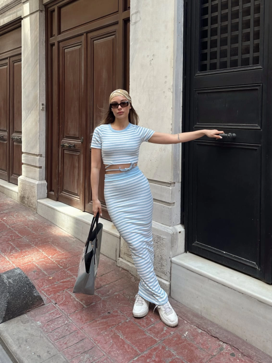 Çizgili etekli takım mavi s3609 Çizgili etekli takım mavi s3609