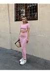 Çizgili Etekli Takım Pembe S3609