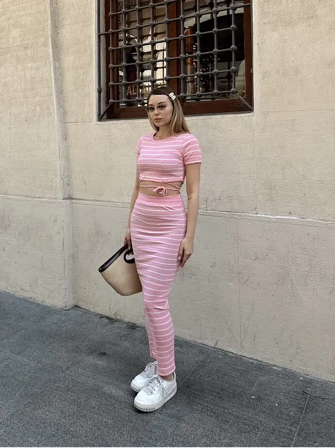 Çizgili Etekli Takım Pembe S3609
