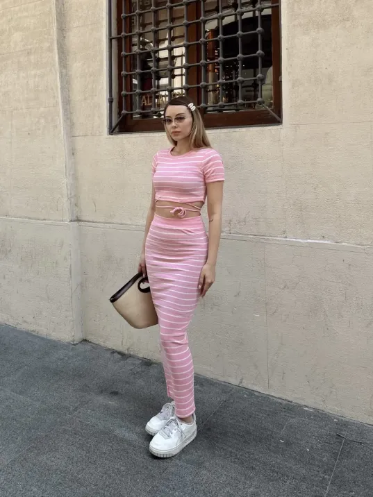 Çizgili Etekli Takım Pembe S3609