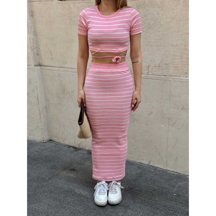 Çizgili etekli takım pembe s3609 Çizgili etekli takım pembe s3609