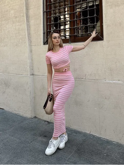 Çizgili Etekli Takım Pembe S3609