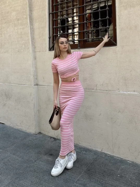 Çizgili Etekli Takım Pembe S3609