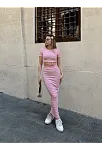 Çizgili Etekli Takım Pembe S3609