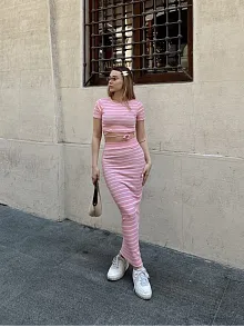 Çizgili Etekli Takım Pembe S3609
