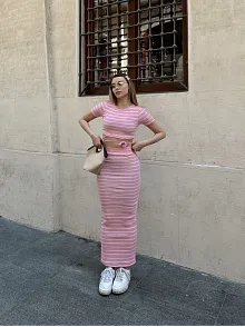 Çizgili Etekli Takım Pembe S3609