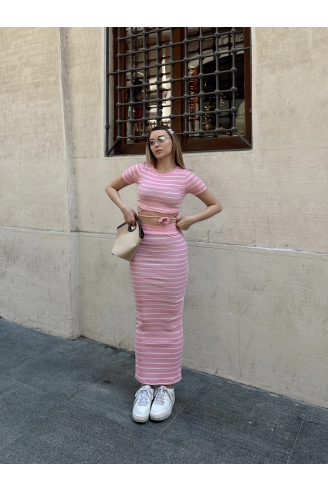 Çizgili etekli takım pembe s3609