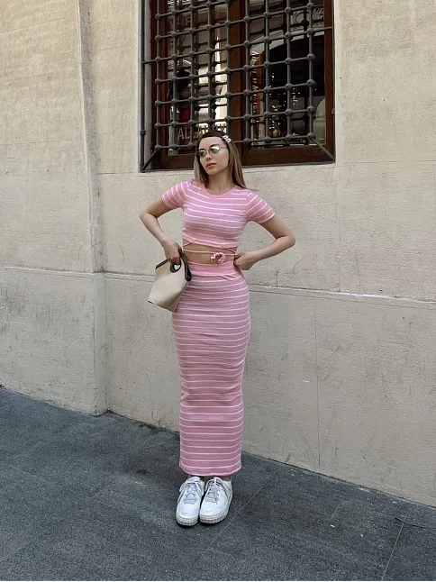 Çizgili Etekli Takım Pembe S3609