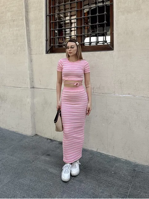 Çizgili Etekli Takım Pembe S3609
