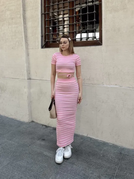 Çizgili Etekli Takım Pembe S3609
