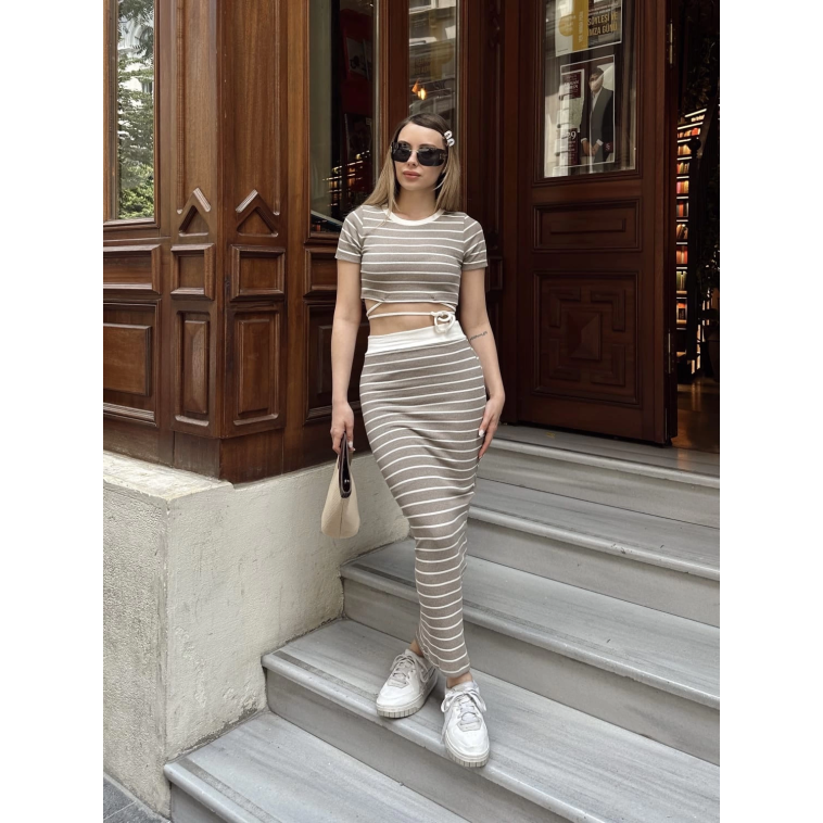 Çizgili etekli takım vizon s3609 Çizgili etekli takım vizon s3609