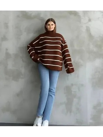 Çizgili İspanyol Kol Triko Boğazlı Kahve Beyaz Elf Çizgili İspanyol Kol Triko Boğazlı Kahve Beyaz Elf