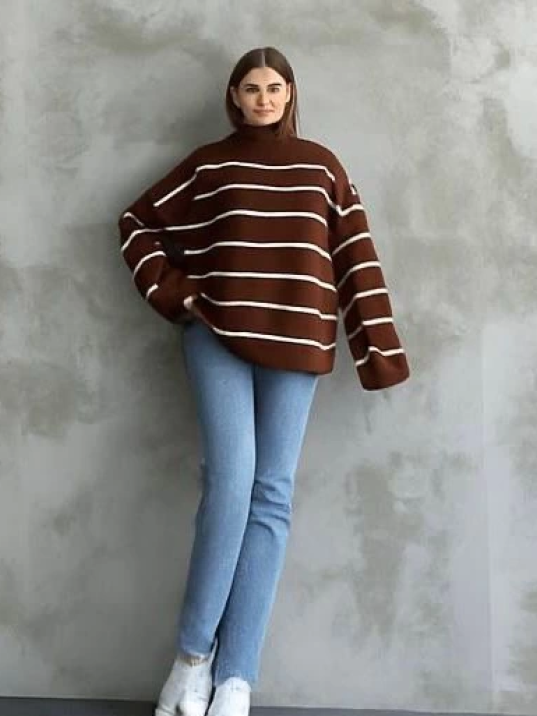 Çizgili ispanyol kol triko boğazlı kahve beyaz elf Çizgili ispanyol kol triko boğazlı kahve beyaz elf