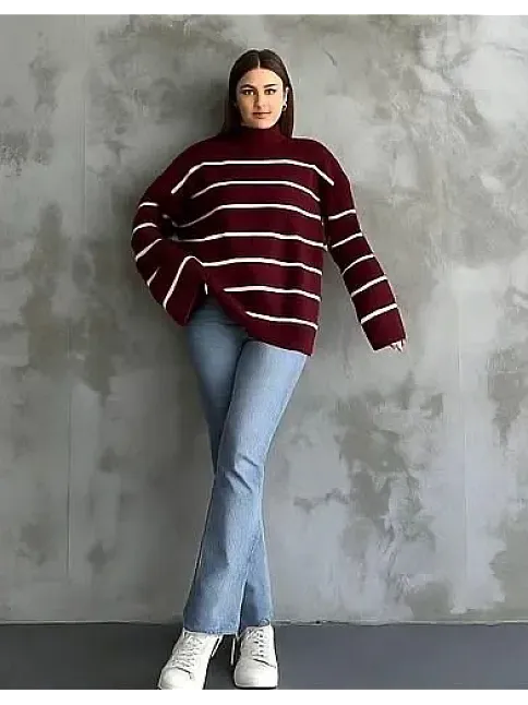 Çizgili İspanyol Kol Triko Boğazlı Kahve Beyaz Elf