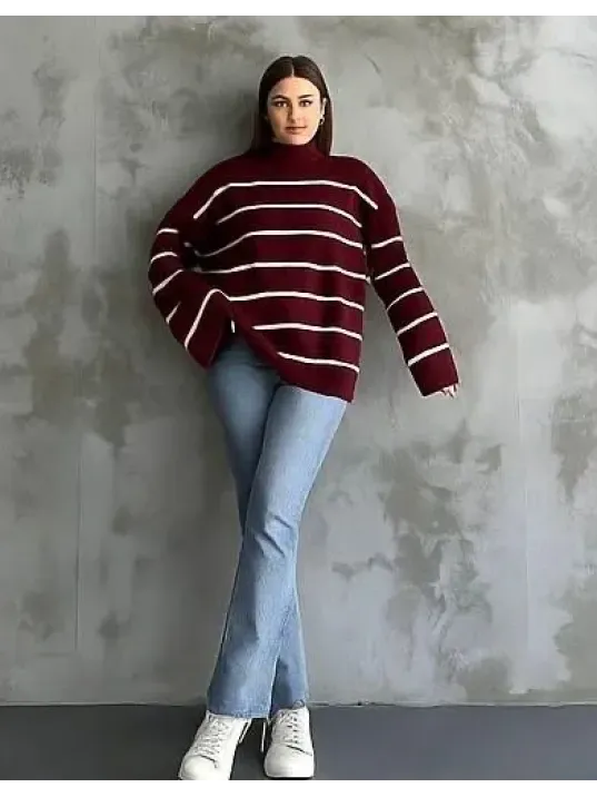 Çizgili İspanyol Kol Triko Boğazlı Kahve Beyaz Elf