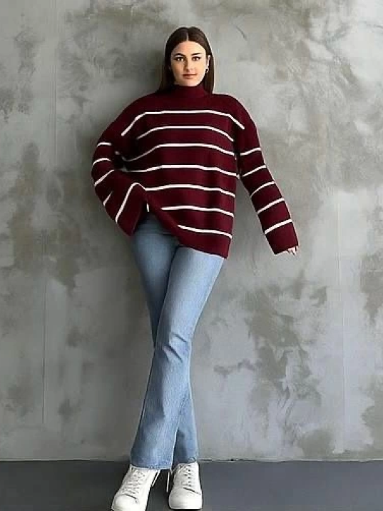 Çizgili ispanyol kol triko boğazlı kahve beyaz elf Çizgili ispanyol kol triko boğazlı kahve beyaz elf