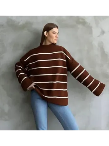 Çizgili İspanyol Kol Triko Boğazlı Kahve Beyaz Elf