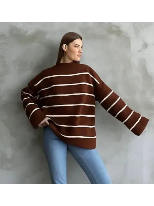 Çizgili İspanyol Kol Triko Boğazlı Kahve Beyaz Elf
