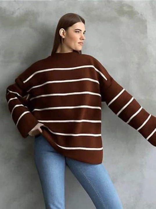 Çizgili ispanyol kol triko boğazlı kahve beyaz elf Çizgili ispanyol kol triko boğazlı kahve beyaz elf