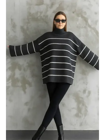 Çizgili İspanyol Kol Triko Boğazlı Kazak Antrasit Elf Çizgili İspanyol Kol Triko Boğazlı Kazak Antrasit Elf