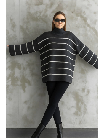 Çizgili ispanyol kol triko boğazlı kazak antrasit elf Çizgili ispanyol kol triko boğazlı kazak antrasit elf