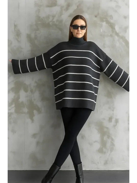Çizgili İspanyol Kol Triko Boğazlı Kazak Antrasit Elf