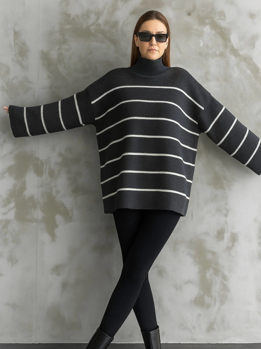 Çizgili ispanyol kol triko boğazlı kazak antrasit elf Çizgili ispanyol kol triko boğazlı kazak antrasit elf