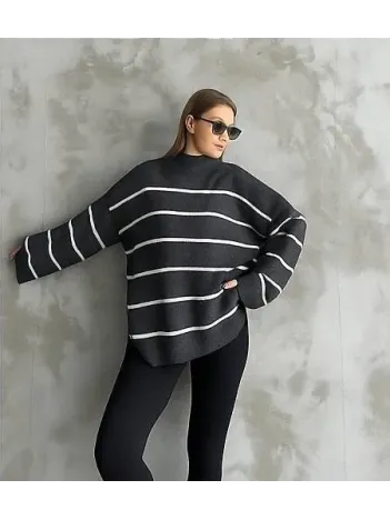 Çizgili İspanyol Kol Triko Boğazlı Kazak Antrasit Elf