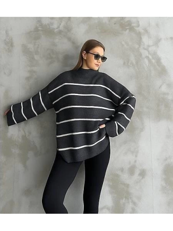 Çizgili ispanyol kol triko boğazlı kazak antrasit elf